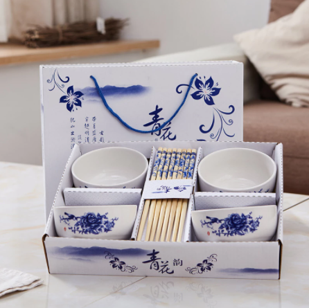 礼品陶瓷餐具Gift Ceramic Tableware Lucky Cat Tableware Set Blue and White Porcelain Bowl Ceramic Bowl Gift